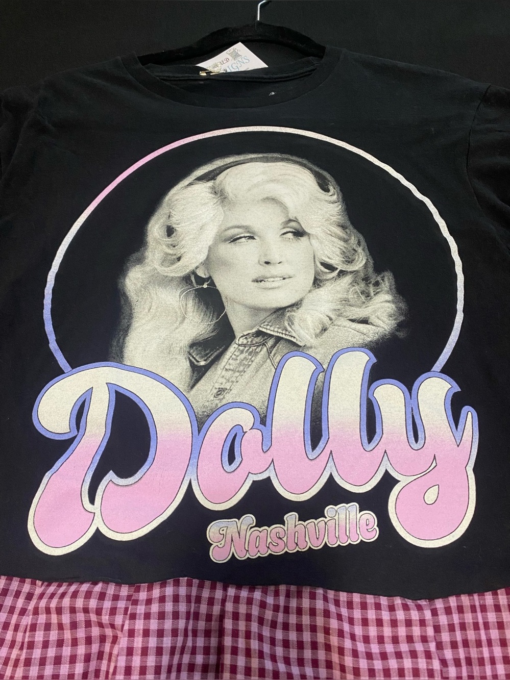 Checker trim on Black Tee with Pink and Lavender Dolly Graphic